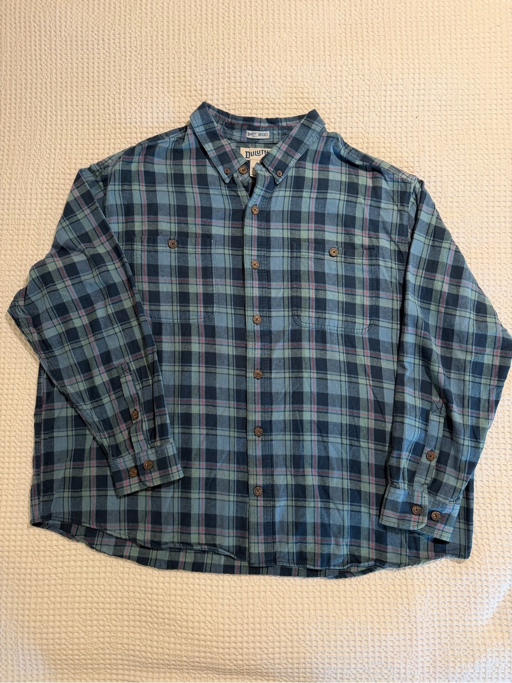 Duluth Trading Co Teal and Navy Plaid Button-Up Shirt